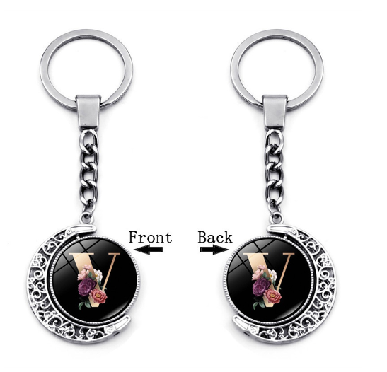 1PC Exquisite 26 Letter Glass Keychains Double Sides Moon Flower A-Z Initials Keyrings Handbag Charms Ornaments Gifts V