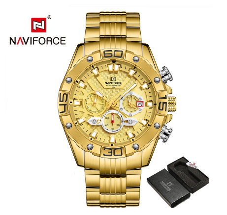 Naviforce NF8019 Men's Luxury Gold Business Classic Quartz Clock Analog Chronograph Sport Waterproof Steel Band Wrist Watch GOLD