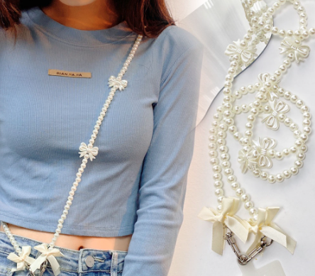 INS Beige Bow Pearl Shoulder Messenger Mobile Phone Chain Anti-Lost Acrylic Bead Keychain