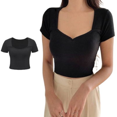 Lovito Women Square Neck T-Shirt L62ED036 (Apricot/Black)