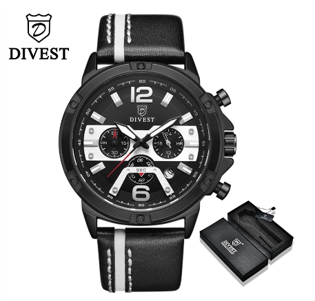 DIVEST Watch Men Fashion Quartz Leather Chrono Business Luminous Creative Original Waterproof Men's Watches 9035 BLACK SILVER WHITE
