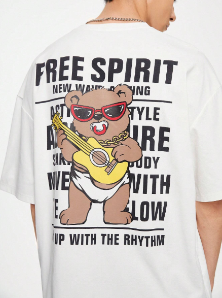 Manfinity Hypemode Men's Summer Short Sleeve Embroidered Guitar Teddy Bear Print T-Shirt, Plus Size