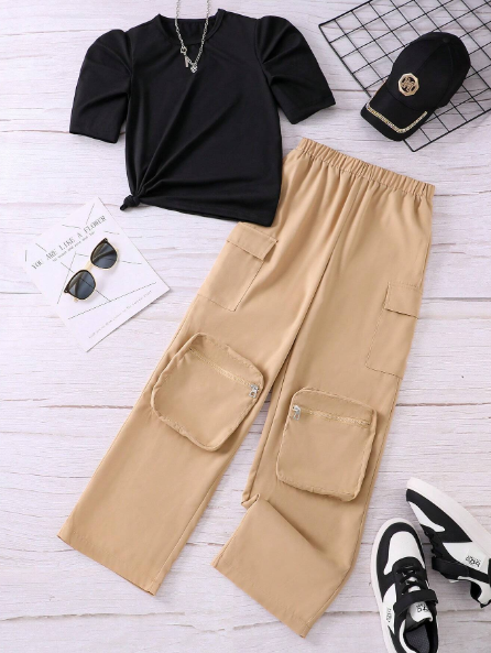 Teen Girl Summer Solid Color Short Puff Sleeve Top And Loose Fit Cargo Pants Casual Outfit