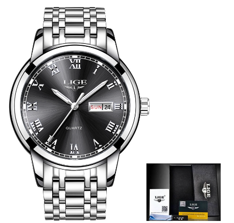 LIGE Watch For Couple Original Waterproof Stainless Steel Silver/Gold Fashion Business Trend Calendar Luminous Watches STEEL SILVER BLACK