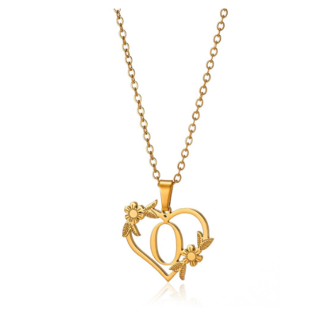 New Personalized Creative Gold Plated Stainless Steel Love Flower Hollow Heart A-Z Letter Necklace Initial Name Pendant Women's O