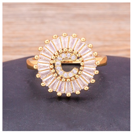 Initial 26 Alphabet Adjustable Size Gold Color Zircon A-Z Letter Ring Statement Name Jewelry C