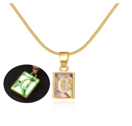 18K Gold 26 Letter Square Colorful Nightlight Pendant Snake Bone Chain Necklace English Letter Pendant Necklace C