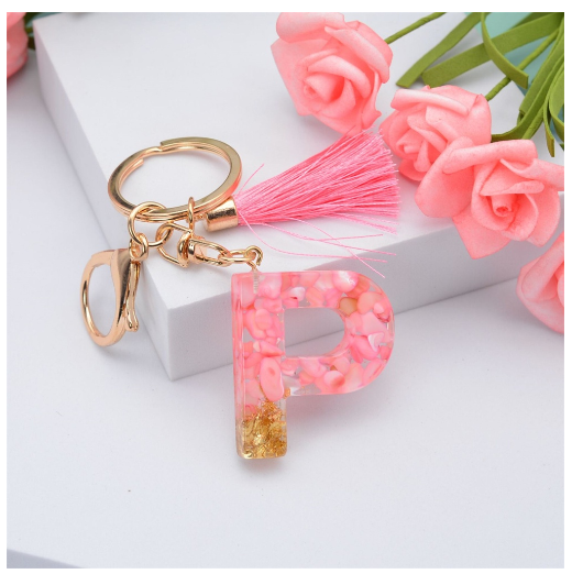 Pink Tassel Gold Foil 26 Letter Pendent Keychain for Women Resin Keyrings Girls Bag Ornamant Accessories Gifts P