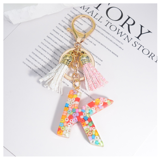 Colorful Beades Filled A-Z 26 Letter Keychains For Women Fashion Initials Keyring With Tassel Bag Pendant Accessories Souvenir K