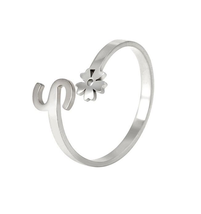 Stainless Steel A-Z Letter Ring For Women Girl Flower 26 Initial Name Adjustable Ring Trendy Birthday Jewelry Gift S