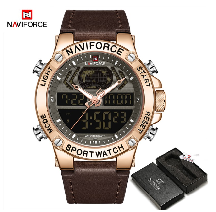 Naviforce NF9164 Men Digital Sport Top Brand Luxury Military Genuine Leather Analog Led Quartz Male Clock ROSEGOLD