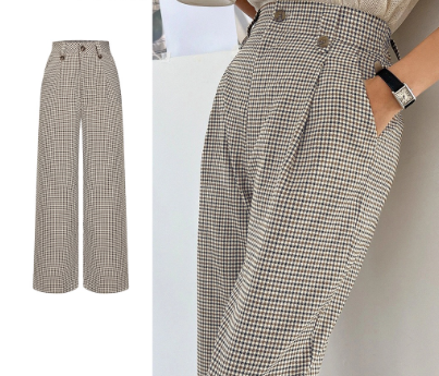 Lovito Women Casual Gingham Button Pants L70AD049 Khaki