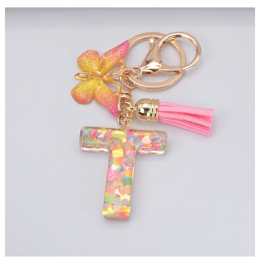 Exquisite 26 Letter Resin Keychain with Pink Tassel Gradient Butterfly Pendant Key Ring Women Bag Ornaments Accessories T