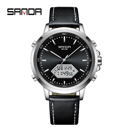 Sanda Waterproof Round Men's Fashion Quartz Watch Stainless Steel Strap Outdoor Watch SILVER BLACK LEATHER STRAP