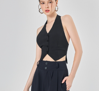 Lovito Women Casual Plain Button Split Front Tie Back Tank Top L68ED287 Black