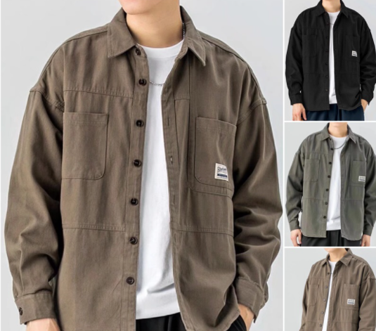 Plain Cotton Pocket Labelling Workwear Long Sleeve Shirt For Men Baju Jaket Lelaki Trend Versatile Korean Style Casual Loose Retro Teen Jacket Shirt Mens M-3XL