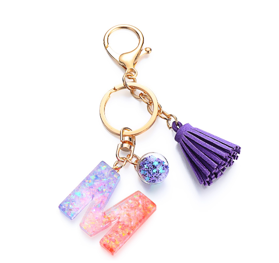 Cute Creative 26 Letter Alphabet Crystal Glitter Resin Keychain Women Tassels Keyring Car Key Holder Bag Charms Accessories M