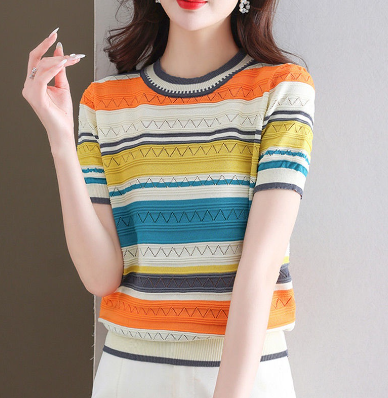 Striped Knitted Blouse Plus Size Women's Summer Korean Style Loose Short-Sleeved T-Shirt