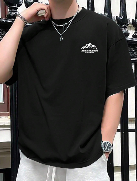 Men's Plus Size Mountain & Slogan Print T-Shirt