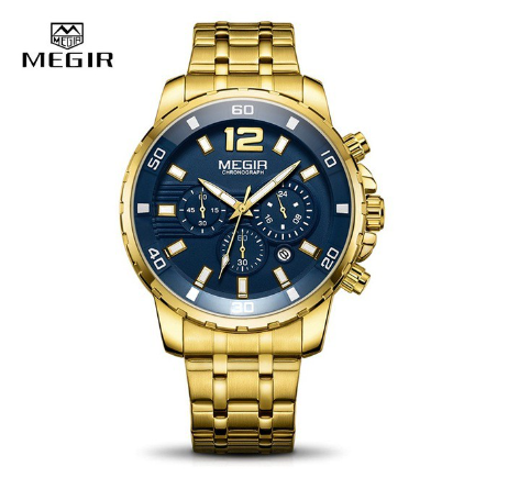 MEGIR New Luxury Men Watch Gold Business Full Steel Quartz Analog Waterproof Watches - Chronograph M2