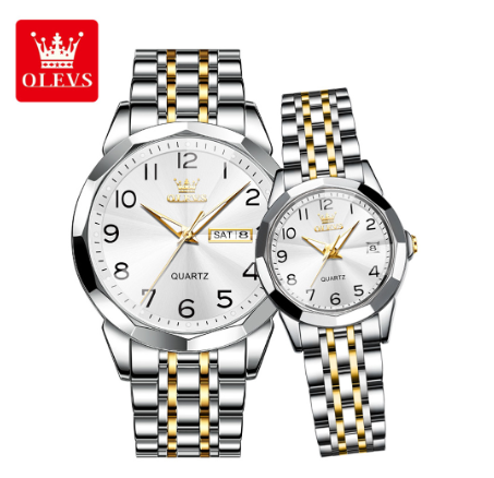 Olevs Couple Watch Original Waterproof Stainless Steel Strap Quartz Analog Watch for Couples Business Luminous Calendar Fashion Digital Man Women Watch WHITE DIAL TWO TONE