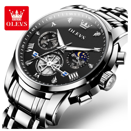 Olevs Watch For Men Waterproof Original Quartz Luminous Stainless Steel Multifunctional Watch BLACK DIAL SILVER STRAP