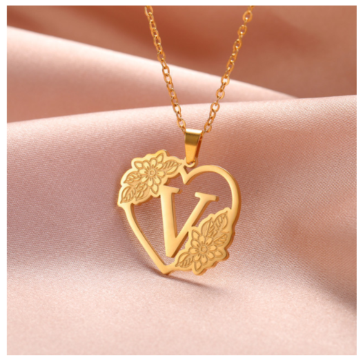 A-Z Initial Flower Necklace Women Stainless Steel Letter Heart Pendant Necklace Choker V