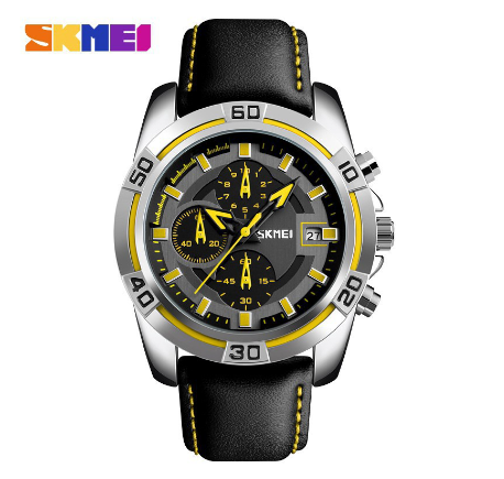 Skmei 9156 Watch for Men Fashion Sports Quartz Clock Soft Real Leather Chronograph Waterproof Wristwatch YELLOW