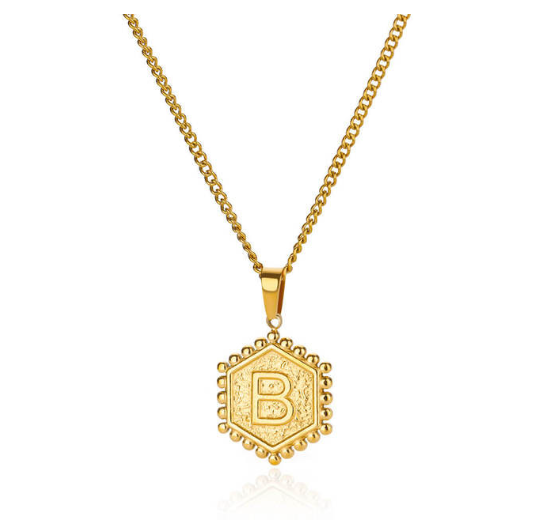 Fashion Hexagon A-Z Letter Necklaces For Women Stainless Steel Initial Hexagon Pendant Necklace B