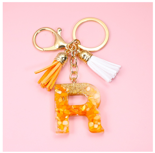 Tassel Gold Foil A-Z 26 Letter Pendent Keychain for Women Orange Resin Keyrings Girls Bag Ornamant Accessories Charms Gifts R