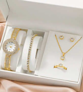 Original Sports Waterproof Gold Steel Strap Watch for Women with Jewelry Set