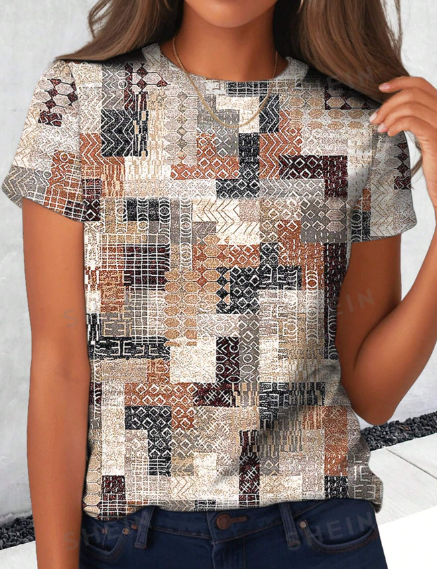 SHEIN LUNE Patchwork Print Round Neck Short Sleeve Tee For Summer