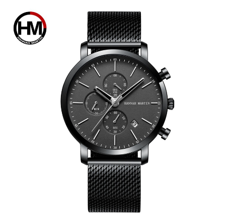 Hannah Martin Men Casual Watch Big Dial Stainless Steel Waterproof Wristwatch Multifunctional Chronograph Business Watch BLACK SILVER