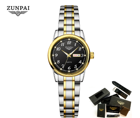 ZUNPAI Watch for Women Original Waterproof Stainless Steel Silver Gold Business Fashion Trend Luminous Calendar Watch GOLDEN BLACK