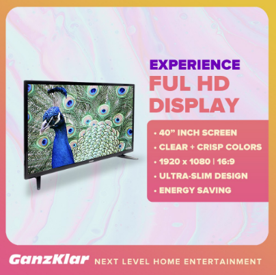 GanzKlar 40 Inch Ultra-slim HD LED TV (1080p) | Extra-loud Sound w/ built-in high Powered Speakers