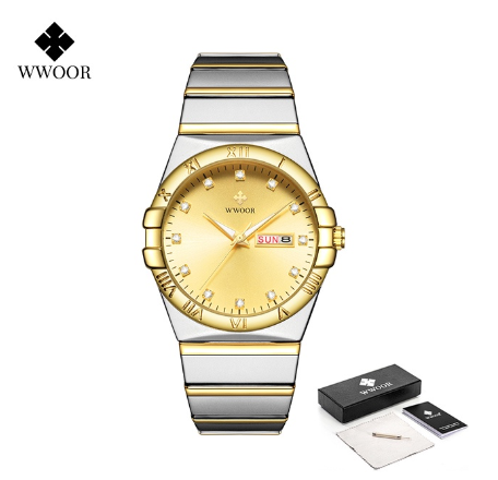 Wwoor Top Brand Luxury Stainless Steel Quartz Men's Watches Waterproof Men Wristwatches GOLD DIAL TWO TONE