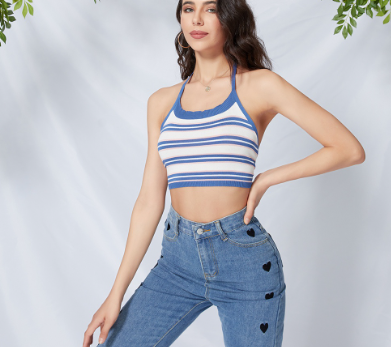 Lovito Casual Striped Halter Backless Tops For Women L09056 Blue