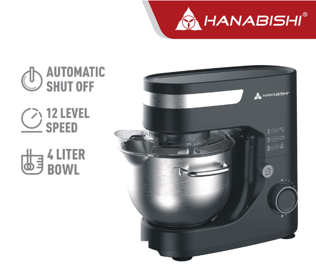 Hanabishi Stand Mixer HPM900 | Best for Baking 12-speed | Beater, Dough Hooks, Whisk | 4 liter bowl