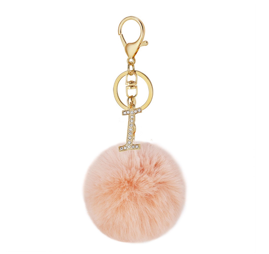 New 26 Letter Rhinestone Alloy Keychain Charm Girls Pink Pompom Key Ring Car Key Holder Women Bag Ornaments Accessories I