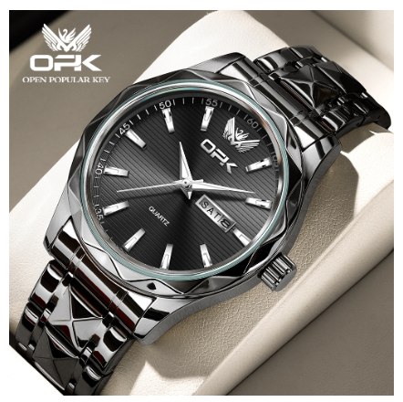 OPK Mens Watch Waterproof Original Quartz Luminous Calendar Stainless Steel Watch BLACK DIAL BLACK STRAP