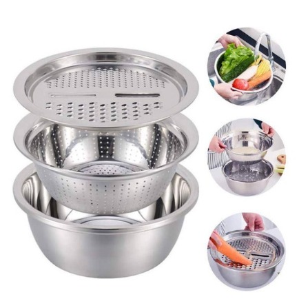 3pcs Stainless Drain Basin Graters Peeler Set Soup Pot Vegetables Washing Bowl