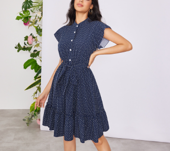 Lovito Women Button Ruffle Hem Belted Dress LBE02097 Dark Blue