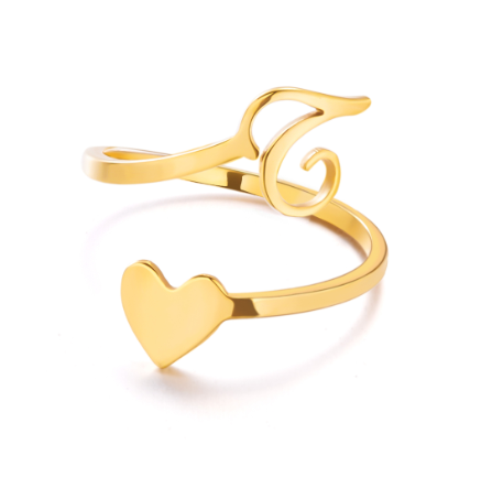 Gold Stainless Steel A-Z Rings Initial Letters Heart Rings Women Fashion Non Fading Jewelry Adjustable T