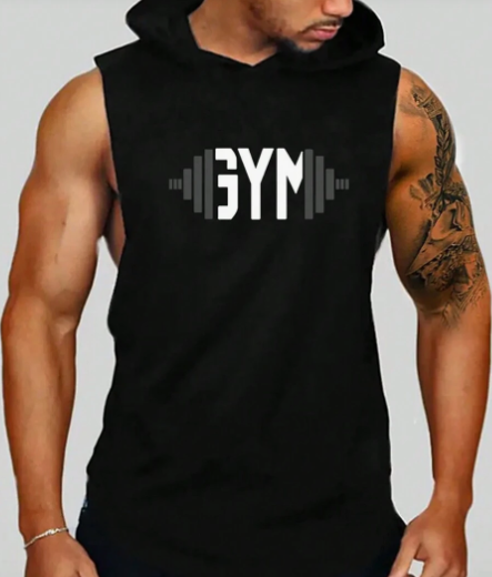Men's Summer Sports Casual Barbell Print Hooded Tank Top Suitable For Fitness