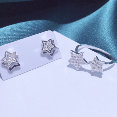 Silver Star Design Ring and Earring Korean and Japanese Jewelry Set
