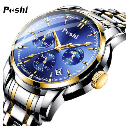 POSHI Men Watch Automatic Stainless Steel Waterproof Dive Sports Quartz Fashion Wristwatch GOLD BLUE