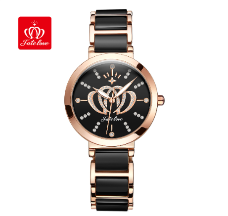 Fate Love Watch For Women Stainless Steel White Black Ceramics Strap Watch BLACK DIAL