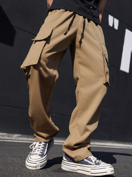 Manfinity Hypemode Men Casual Solid Color Drawstring Elastic Waist Pocketed Workwear Straight Pants