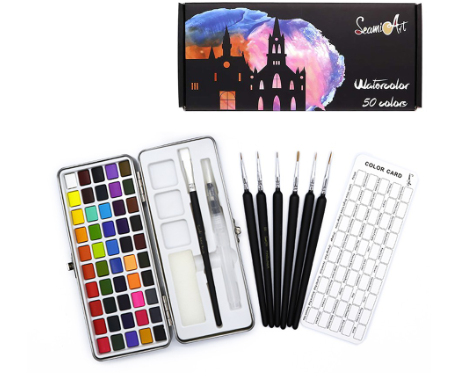 SeamiArt 50 Colors Solid Watercolor Gift Set With 6 Pcs. Detail Painting Brush