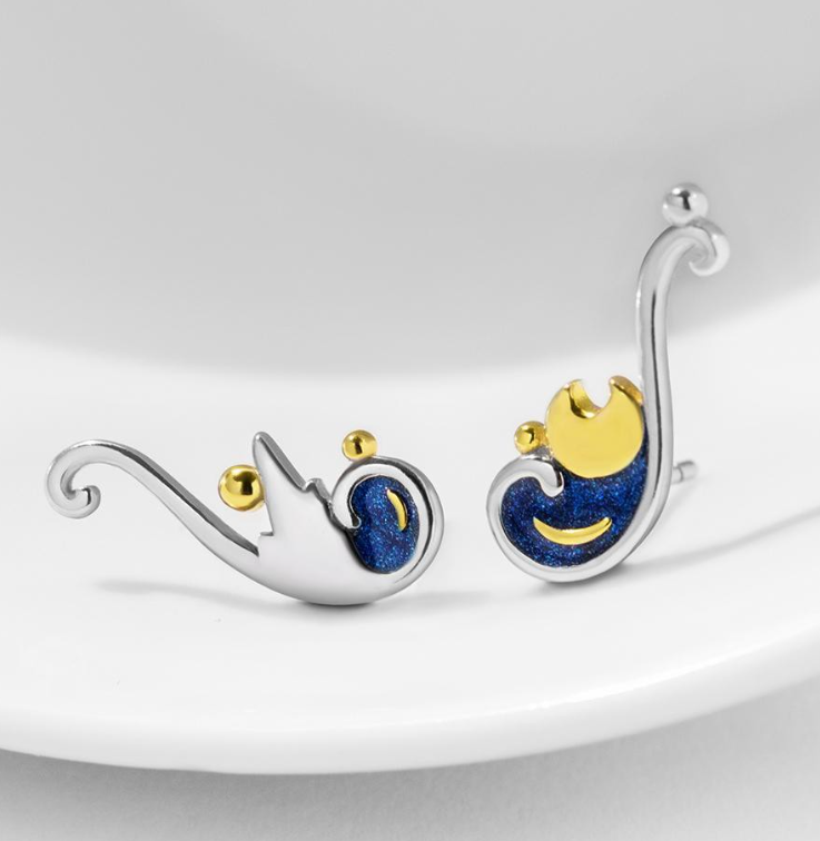 925 Sterling Silver Van Gogh Glitter Gold Moon Star Earrings Fine Jewelry